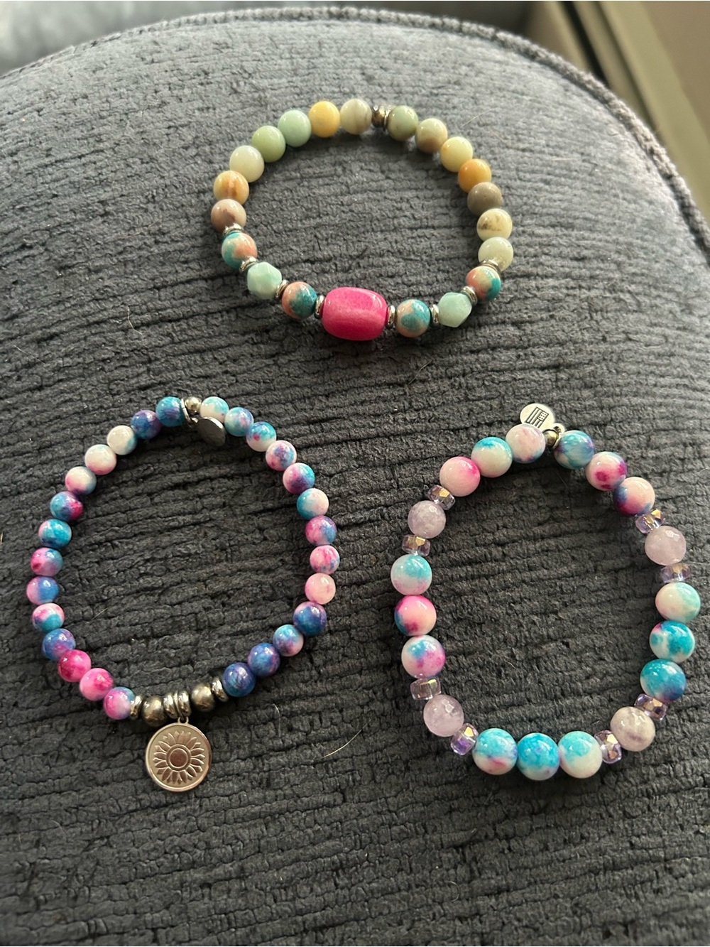 T Jazelle 2 one of kinds and one help Beaded Stretch Bracelet - Pink, Blue, Teal